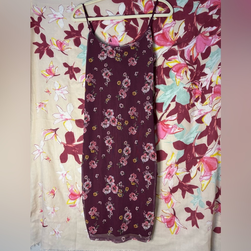 Burgundy Floral Midi Dress with Spaghetti Straps